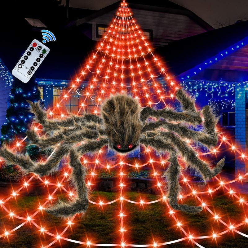 Seifar Halloween Spider Web Lights Giant Spider, 16.4Ft 450 LED Lighted Spider Web with with 8 Lighting Modes Waterproof & Timer for Indoor Outdoor House Haunted Yard Decor, Orange - Image 1